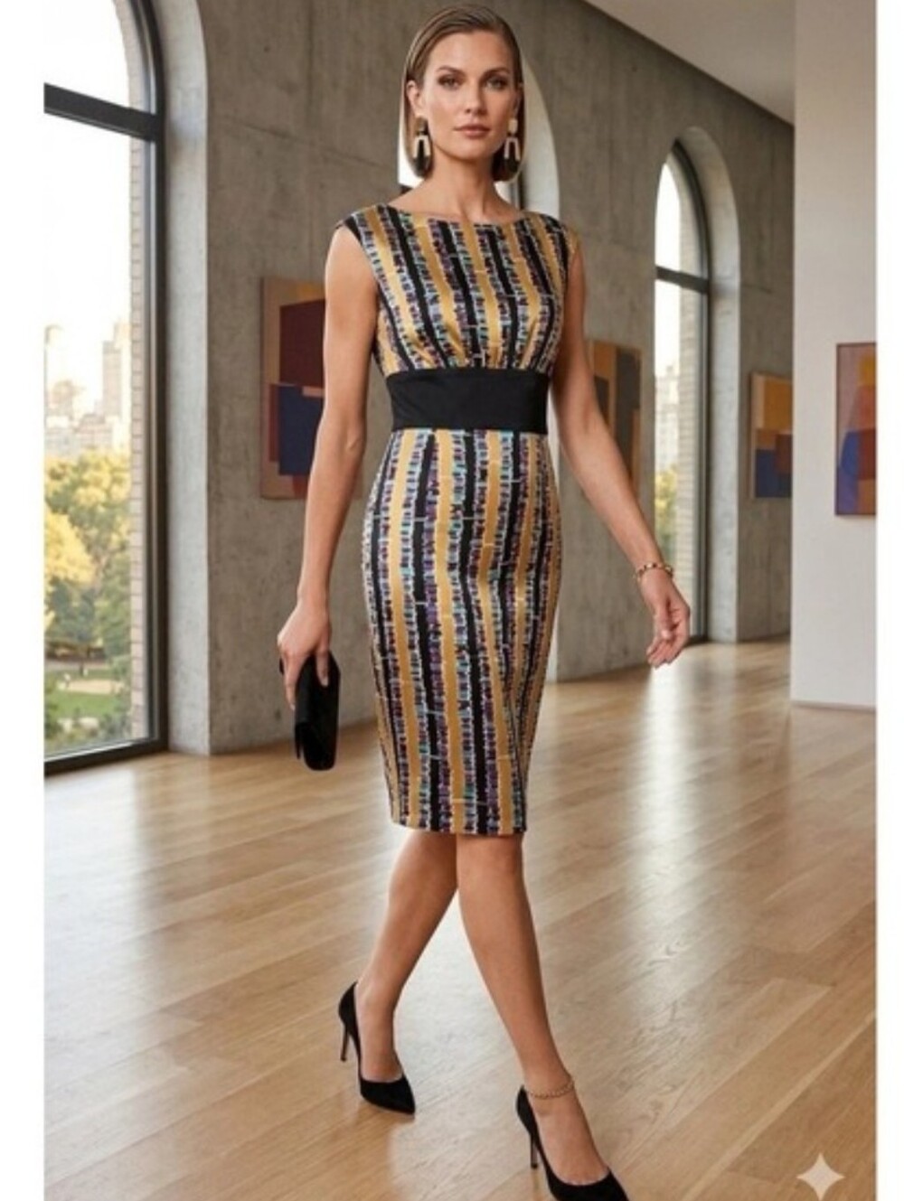 Trina Turk Striped Sheath Dress in Purple, Teal, Gold and Black
